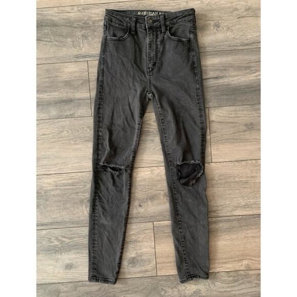 AEO 10” Super High-Rise 24x26 Distressed Jeggings Charcoal Size 0 Short - Picture 1 of 7